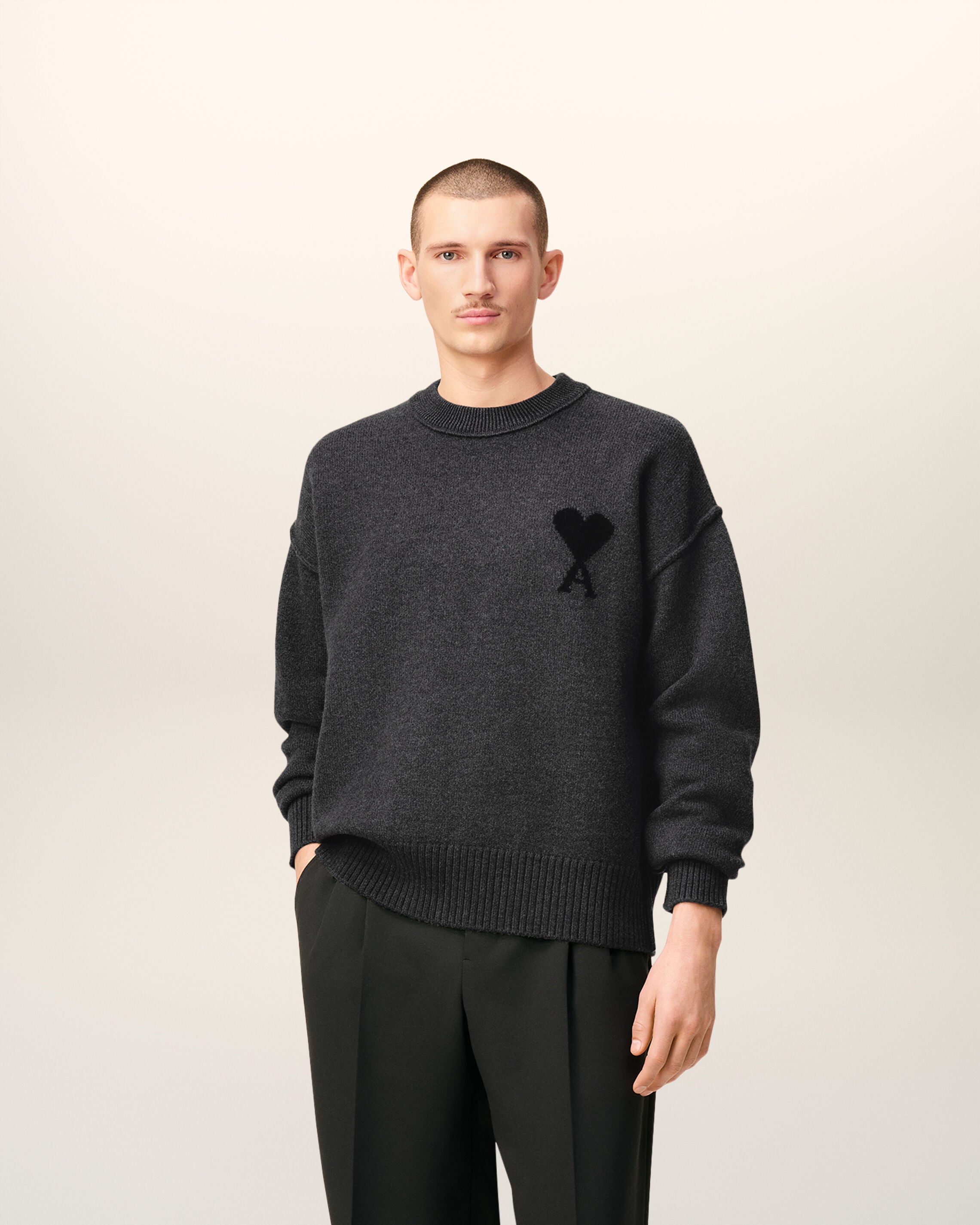 HEATHER GREY / BLACK Grey Wool Ami De Coeur Crewneck Sweater | AMI PARIS
