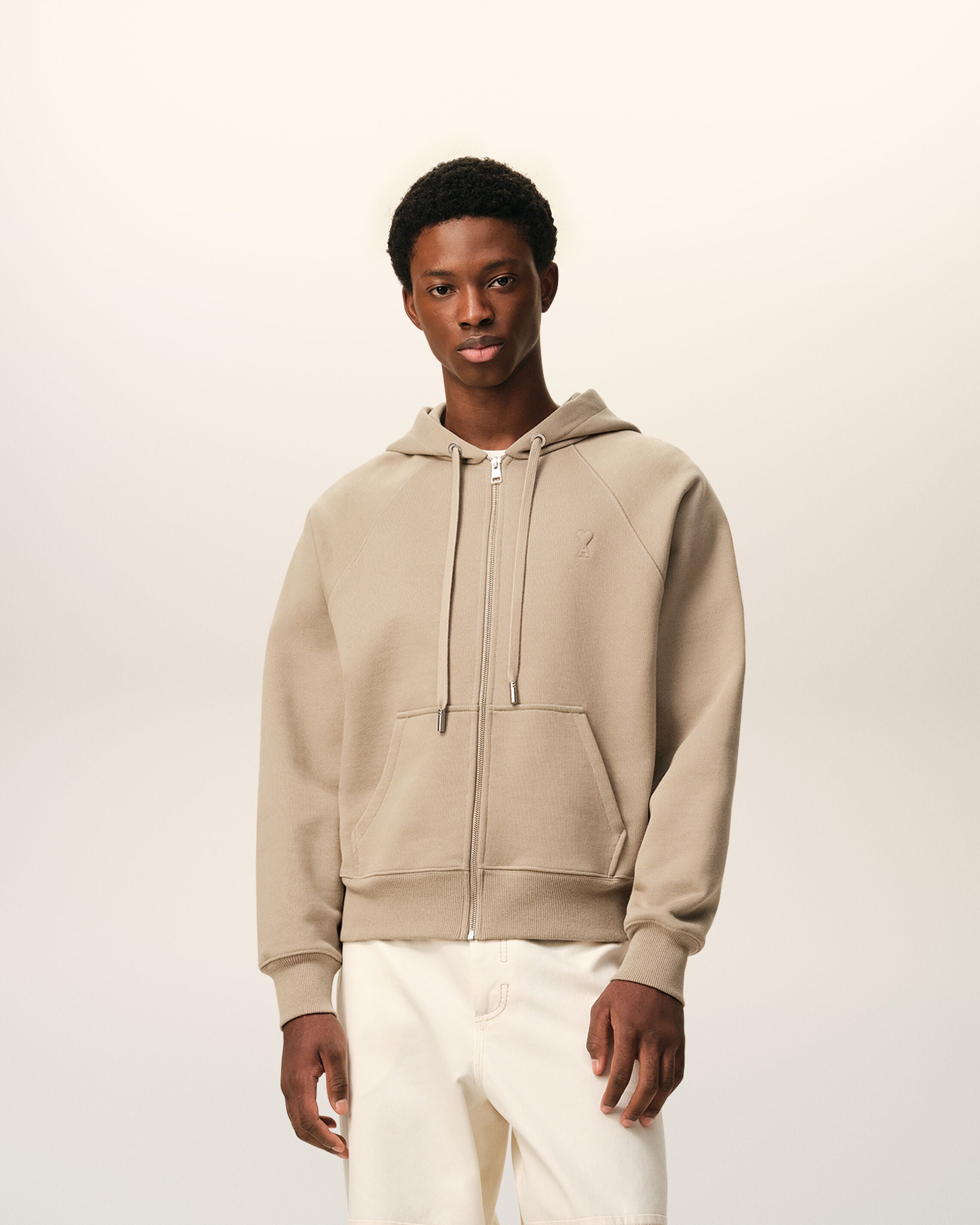 TAUPE BEIGE Beige Cotton Embossed Ami De Coeur Zipped Hoodie | Ami Paris