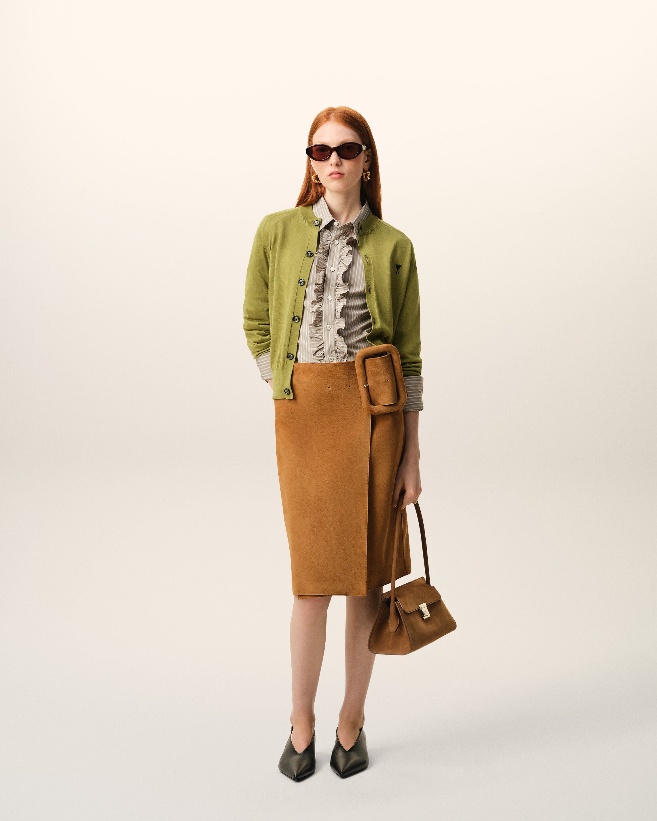 MATCHA/BLACK Green Wool Crewneck Ami De Coeur Cardigan | Ami Paris