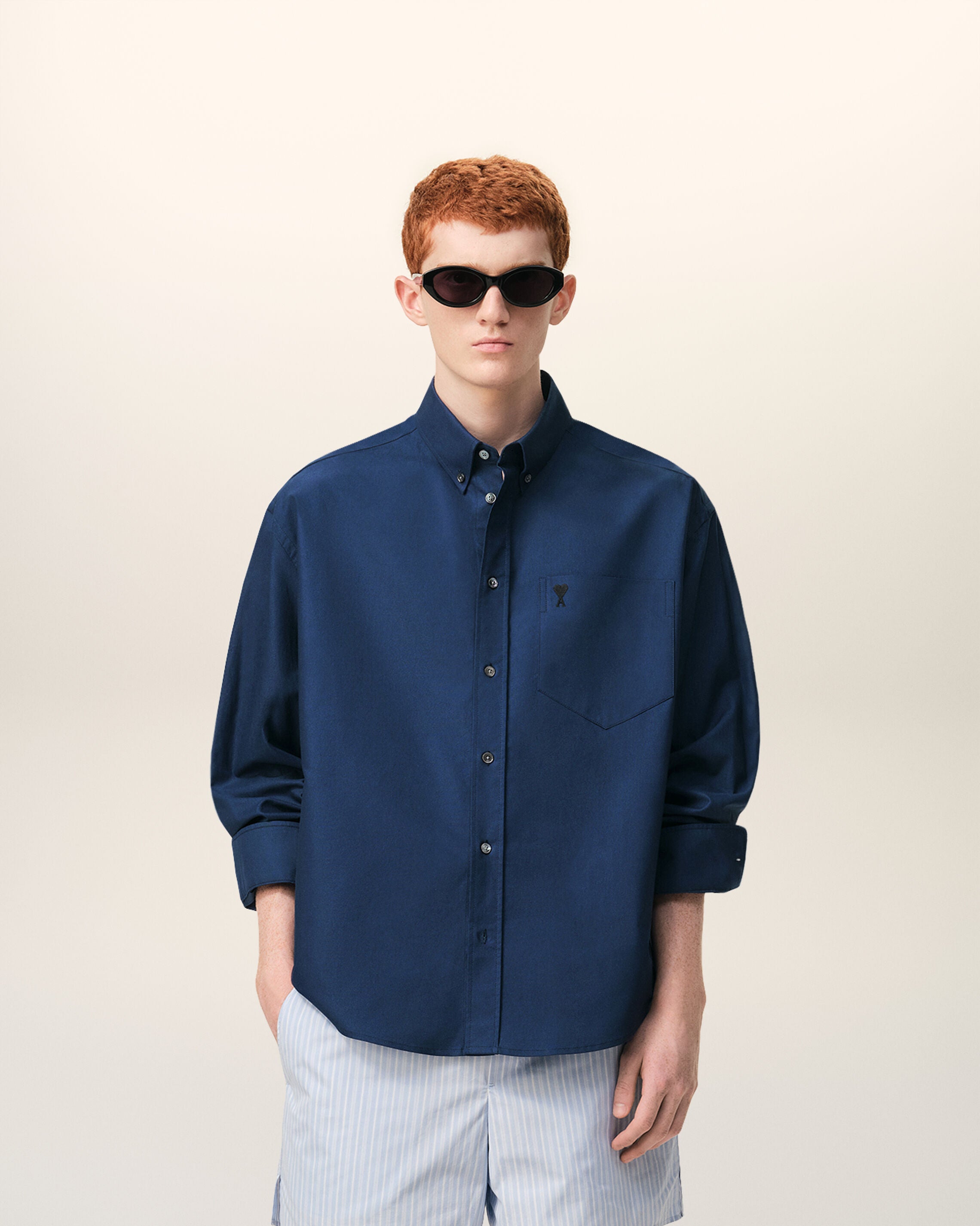 INK Blue Cotton Boxy Embroidered Ami De Coeur Shirt | Ami Paris