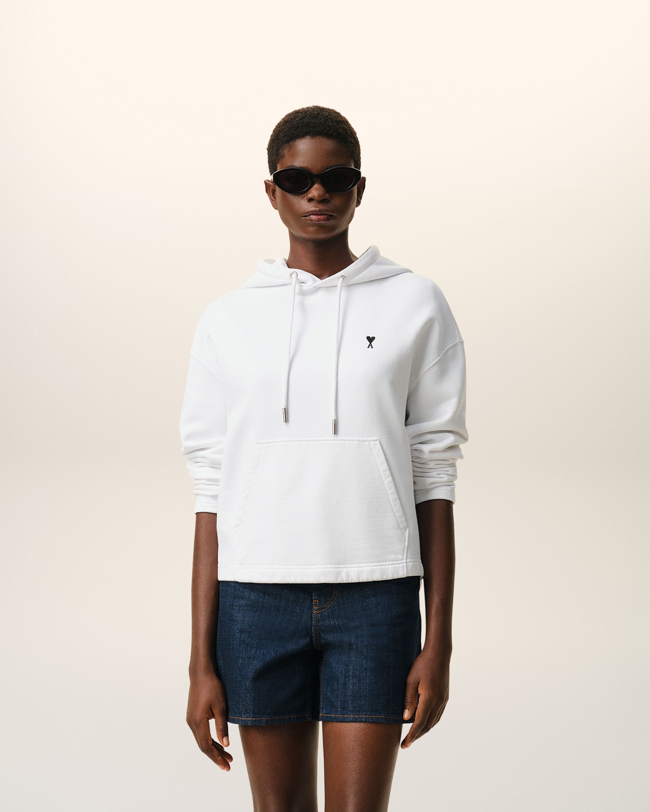 WHITE White Cotton Contrasted Ami De Coeur Hoodie | AMI PARIS