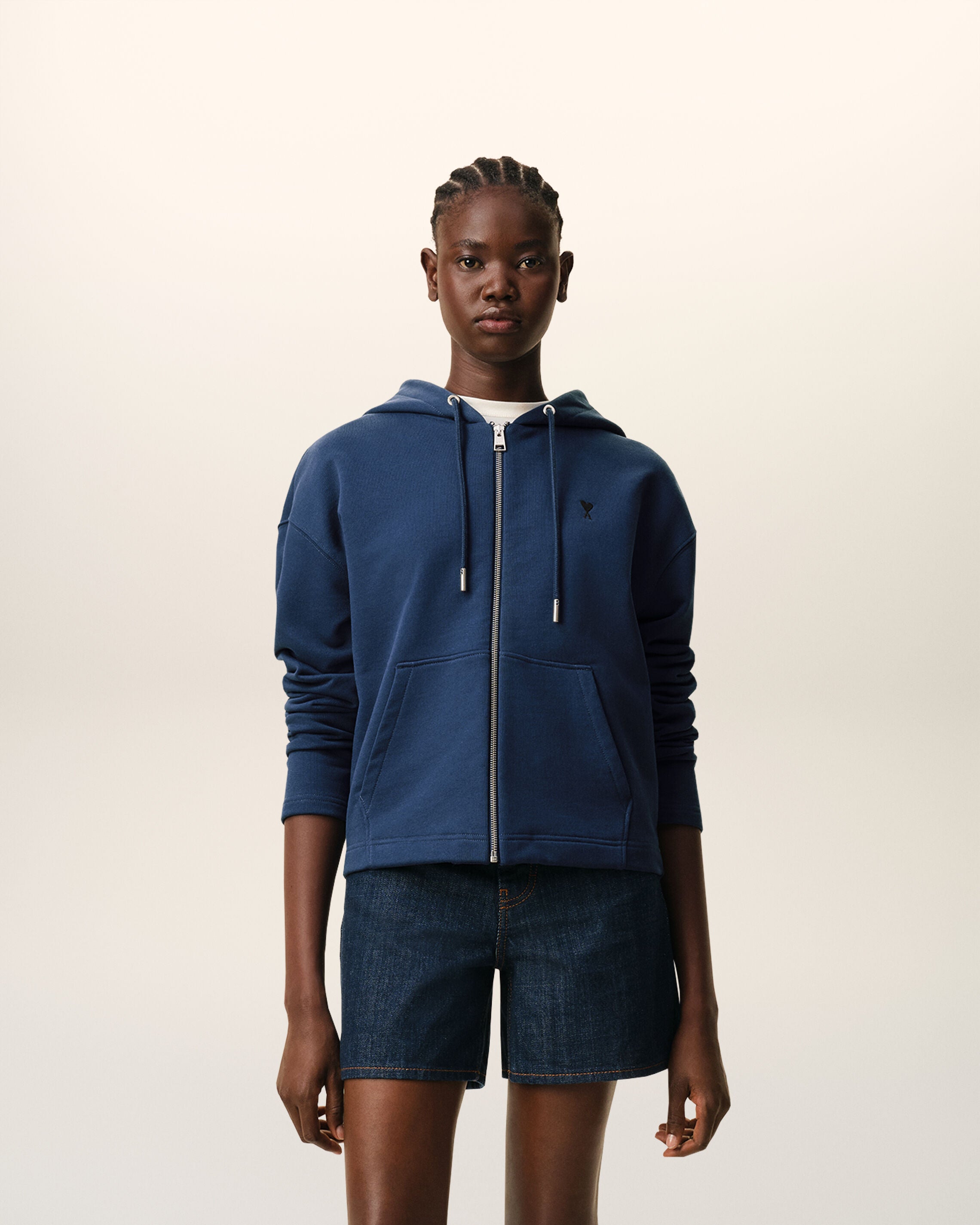 INK Blue Cotton Ami De Coeur Zipped Hoodie | Ami Paris