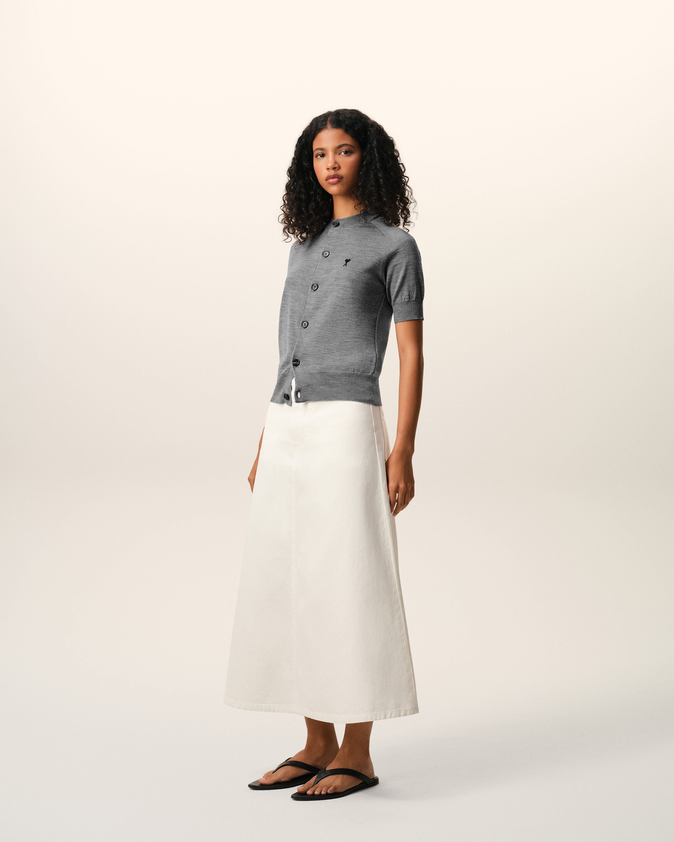 HEATHER GREY / BLACK Grey Wool Short Sleeves Ami De Coeur Cardigan | Ami Paris